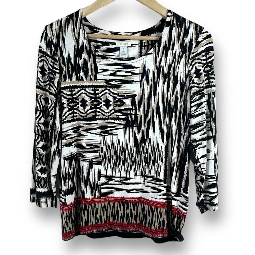 Chicos Women's 1 Long Sleeve Tribal Ikat Print Blouse Beige Black Abstract